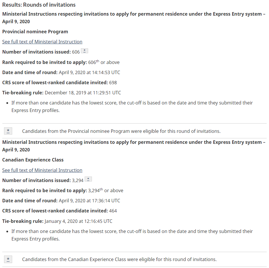 加拿大联邦技术移民EE快速通道2020年4月9日筛选分数